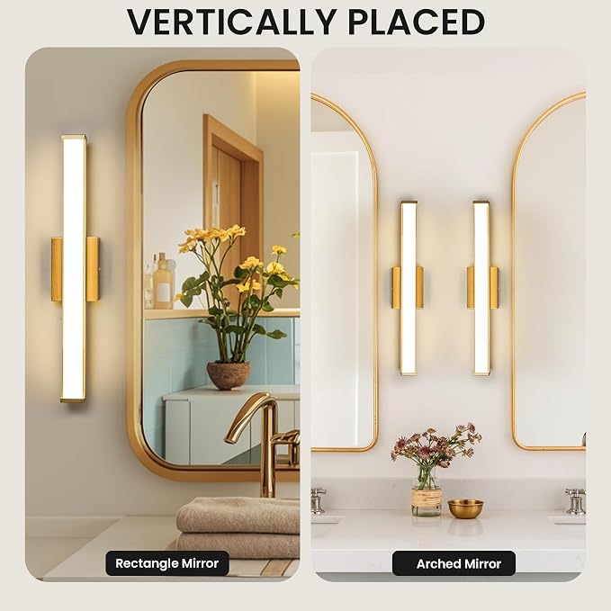 Modern LED Bathroom Vanity Light 24 inch 18W Dimmable 3CCT Bathroom Light Fixture Over Mirror Rectangle Bath Vanity Light Bar with Double Layer Acrylic Shade (Golden)