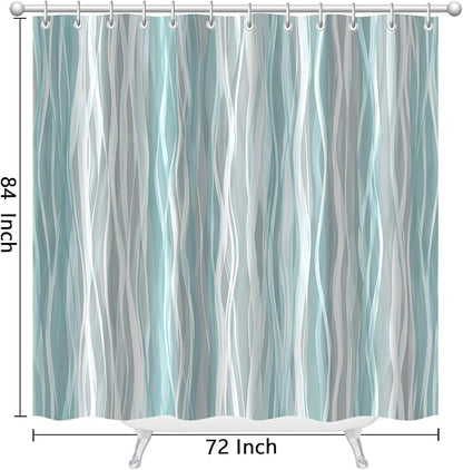 Moonslim Teal Grey Ombre Shower Curtain, Modern Wavy Abstract Striped Line Bathroom Curtain, Waterproof Fabric Bath Decor, 72 x 84 Inch