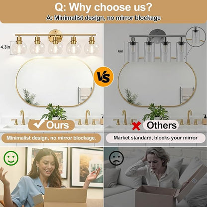Indoi 5-Light Bathroom Light Fixture, Modern Brushed Gold Bathroom Lights Over Mirror with Clear Glass Globe Shades, Vanity Lighting Fixtures for Kitchen, Living Room, Hallway, Bedroom, Porch