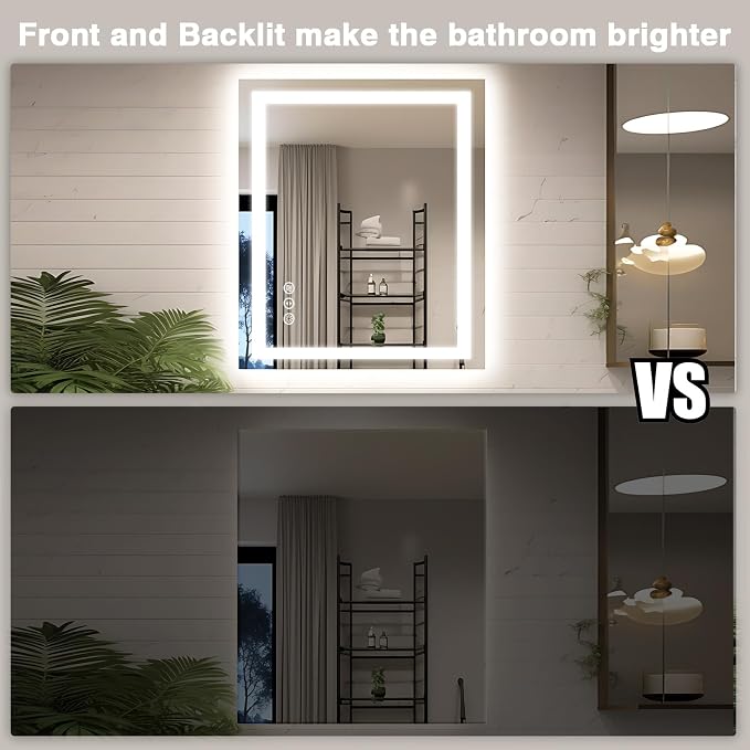 EchosLife 30"x36" LED Bathroom Mirror with Lights | Backlit + Front Lit, Anti-Fog, Stepless Dimmable, 3 Colors, Memory, Tempered Glass, UL Listed, Horizontal/Vertical