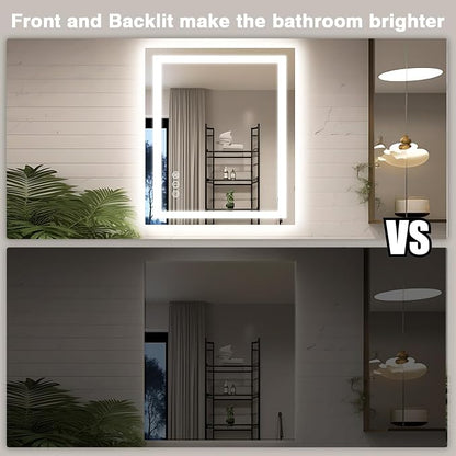 EchosLife 30"x36" LED Bathroom Mirror with Lights | Backlit + Front Lit, Anti-Fog, Stepless Dimmable, 3 Colors, Memory, Tempered Glass, UL Listed, Horizontal/Vertical