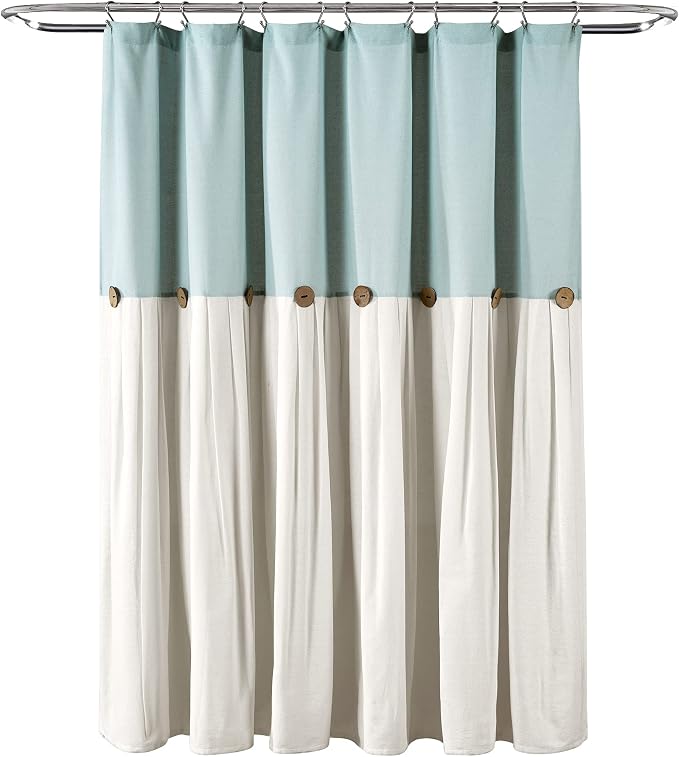 Lush Decor Linen Button Shower Curtain Single 72" W x 84" L Blue & White - Extra Long Shower Curtains - Blue Shower Curtain Fabric - Farmhouse Bathroom Decor