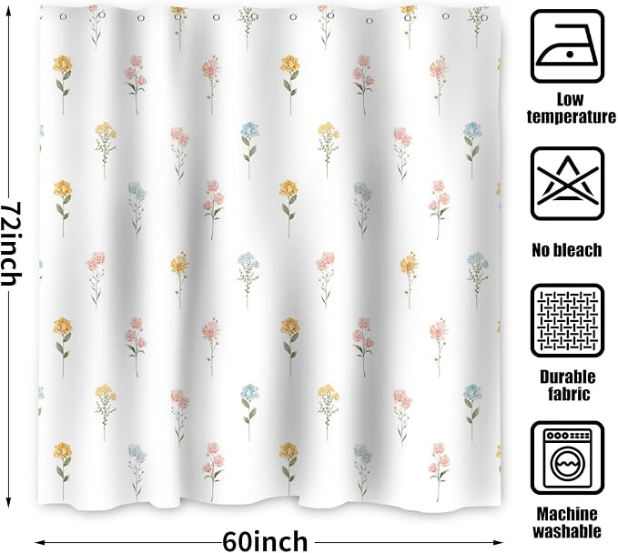 Floral Shower Curtain, Wildflower Botanical Plant Leaves Cute Flower Spring Herbs Elegant Waterproof Fabric Machine Washable for Bathroom Bathtub with Hooks 60Wx72H