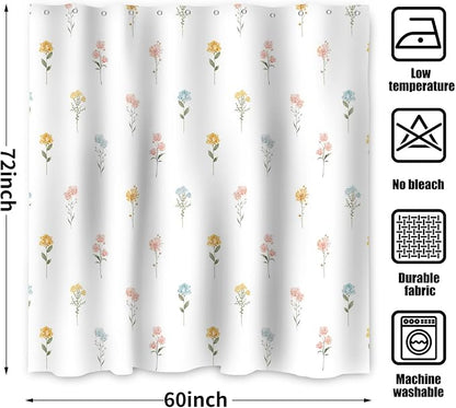 Floral Shower Curtain, Wildflower Botanical Plant Leaves Cute Flower Spring Herbs Elegant Waterproof Fabric Machine Washable for Bathroom Bathtub with Hooks 60Wx72H