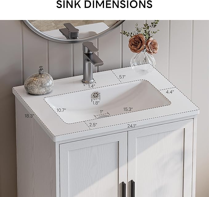 LIKIMIO 24" Bathroom Vanity with Ceramic Sink, 2 Doors 1 Drawer, Solid Wood Legs, Quick Assembly, Small Bathroom Storage, White Freestanding Bathroom Cabinet
