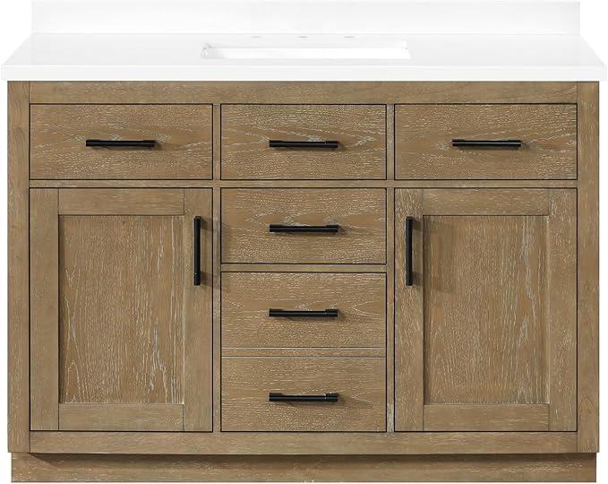 OVE Decors Bailey 48 in. Single Sink Freestanding Driftwood Oak Bathroom Vanity with White Quartz Top, Matching Backsplash and Power Bar