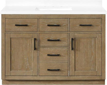 OVE Decors Bailey 48 in. Single Sink Freestanding Driftwood Oak Bathroom Vanity with White Quartz Top, Matching Backsplash and Power Bar