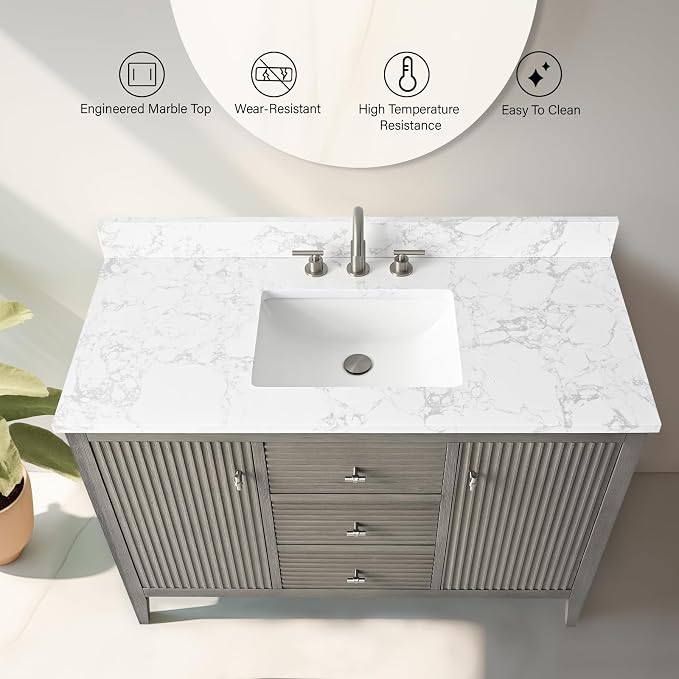 Vanity Art 48 inch Bathroom Vanity with Single Sink & Ceramic Top, Vanity Cabinet with Soft-Closing Door, Solid Wood Frame, Linear Pattern, Driftwood Gray, VA9148-DG-MB,Matte Black Handles