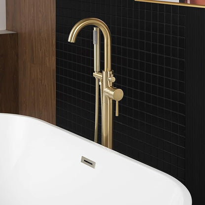 WOODBRIDGE Contemporary Single Handle Floor Mount Freestanding Tub Filler Faucet with Hand shower in Brushed Gold Finish, F0007BGRD