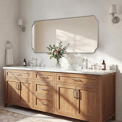 24x48 Inch Bathroom Mirror, Brushed Nickel Rectangle Mirror, Scalloped Mirror for Bathroom Sink, Rust-Poof Stainless Steel Thin Frame, Rounded Notched Corners Design