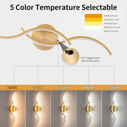Gold Curved 5CCT Bathroom Vanity Light Fixture Over Mirror, 23.62 inch Modern LED Wall Lamp Dimmable Bathroom Light Fixture Modern Wall Sconces