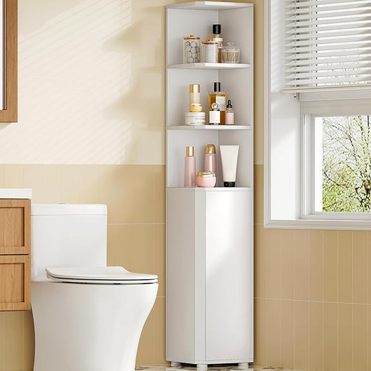 Corner Cabinet, Tall Bathroom Corner Cabinet with Doors, Narrow Storage Cabinets with Adjustable Shelves, Bathroom Organizers and Storage for Small Space, White BC31003X