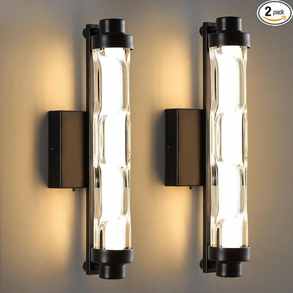 15.4" Black Wall Sconces Set of 2, Modern Bathroom Sconces with Ripple Glass Shade, 5CCT Dimmable LED Wall Lights 14W for Bedroom, Hallway, Staircase