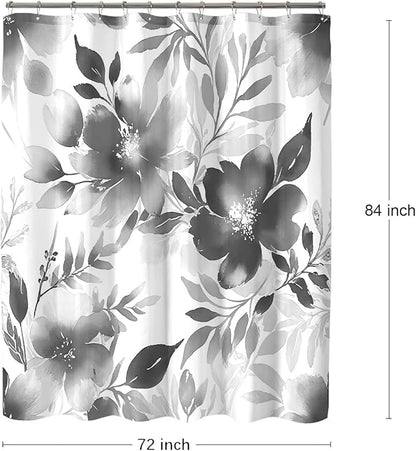 Floral Shower Curtain, Grey Watercolor Flower Shower Curtains for Bathroom, Modern Minimalist Waterproof Fabric Bath Curtain 72x84 Inch