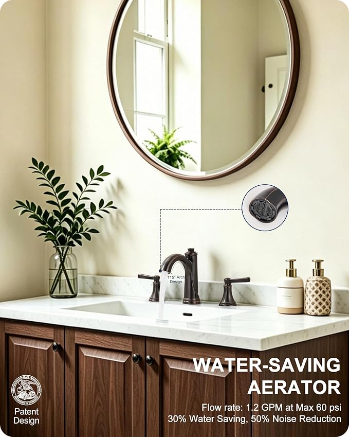 Oil Rubbed Bronze Bathroom Faucet 3 Hole, 8 Inch 2 Handles with Drain | Lead-Free Brass, Widespread Bathroom Sink Faucet, Pre-installed cUPC Supply Lines, 10 Mins Install, For Vanity Rv Farmhouse