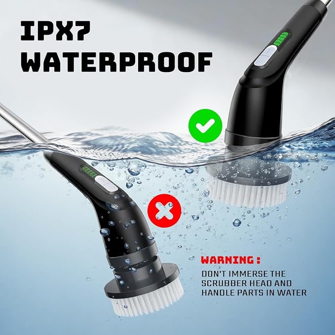 Electric Spin Scrubber, 2-Speed Cleaning Brush, Extendable Handle (Black) | Includes 7 reusable brush heads and an IPX7-rated design for cleaning bathrooms, showers, kitchens, tile, floors, and grout