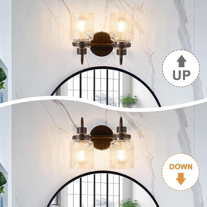 2 Lights Bathroom Vanity Light, Oil Rubbed Bronze Bathroom Light Fixtures with Hammered Glass Lampshade for Dressing Table,Over Mirror,Hallway