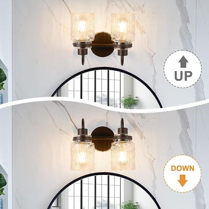 2 Lights Bathroom Vanity Light, Oil Rubbed Bronze Bathroom Light Fixtures with Hammered Glass Lampshade for Dressing Table,Over Mirror,Hallway