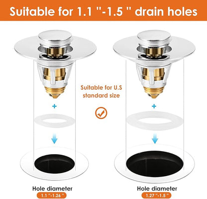 Universal Bathroom Sink Stopper, Basin Pop-up Bathroom Sink Drain Strainer, Bathroom Drain Stopper with Stainless Steel Hair Catcher for 1.1-1.5 Inch Drain(1 PCS, Silver)