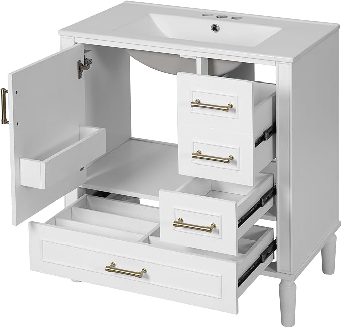 30" Bathroom Vanity with Sink,Free Standing Single Basin Vanity Set w/ 3 Drawers & Soft Closing Door,Solid Wood Frame,Metal Handles,Modern Storage Cabinet for Small Space,White