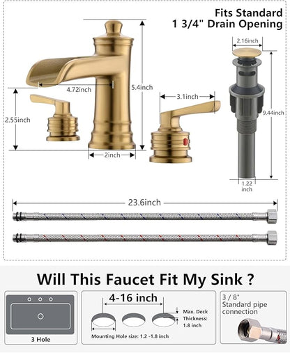 Fapully Brushed Gold Bathroom Sink Faucet, Waterfall Bathroom Faucets 3 Hole, 8 Inch Widespread Bathroom Faucet with Pop-up Drain, 2-Handle Faucet for Bathroom Sink Vanity RV