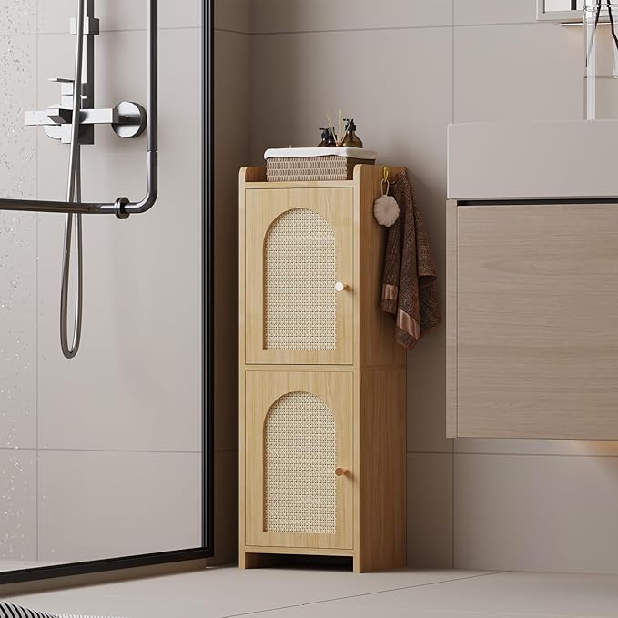 Rattan Bathroom Storage Cabinet,Corner Floor Cabinet with 2 Doors and Adjustable Shelf, Narrow Toilet Paper Cabinets with 2Hooks,Toilet Organizer for Small Spaces,7.87"D*9.84"W*29.72"H Oak