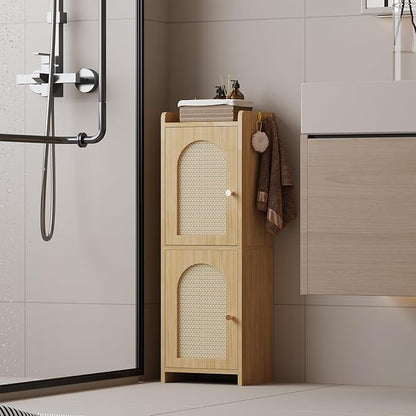 Rattan Bathroom Storage Cabinet,Corner Floor Cabinet with 2 Doors and Adjustable Shelf, Narrow Toilet Paper Cabinets with 2Hooks,Toilet Organizer for Small Spaces,7.87"D*9.84"W*29.72"H Oak