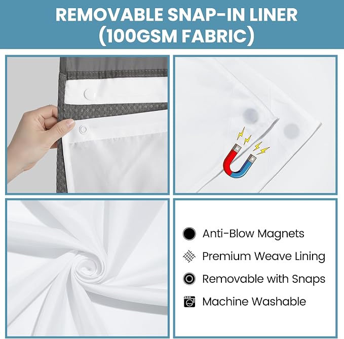 SORTTO No Hook Shower Curtain with Snap in Liner Set Waffle Shower Curtain for Bathroom Hotel Style Fabric Waterproof Inner Liner，71" W x 74" H, Dark Grey