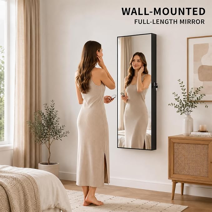 Lockable Jewelry Cabinet Organizer with Full Length Mirror, 6 Auto LED Lights, Wall & Over Door Mount Jewelry Armoire with Earring Slots, Necklace Hooks, Foldable Makeup Shelf