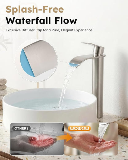 Vessel Sink Faucet Brushed Nickel for Bathroom：WOWOW Single Handle Tall Bathroom Faucet - Waterfall Single Hole Mixer Bar Tap with Large Rectangular Spout, Deck Mount Lavatory Vanity with Pop Up Drain