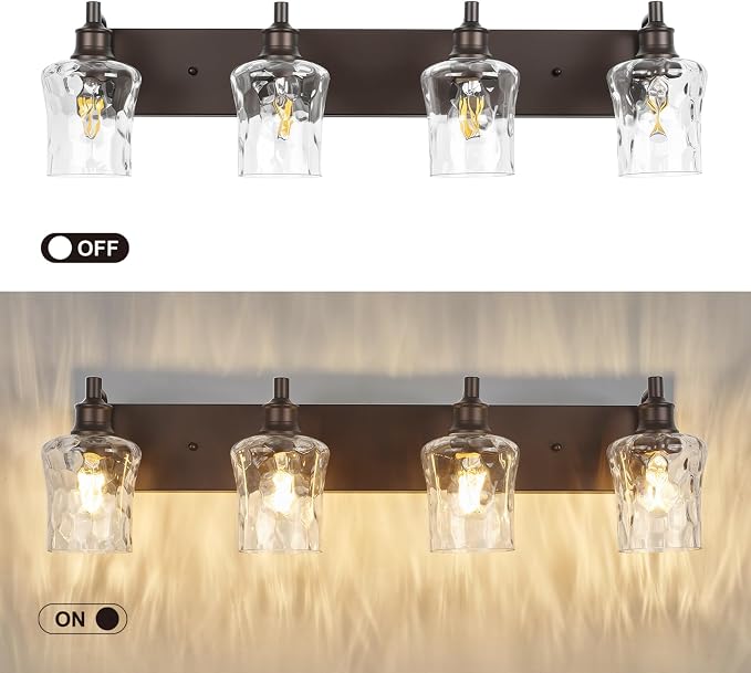 Bathroom Light Fixtures Farmhouse Oil Rubbed Bronze Vanity Lights for Bathroom Lighting Fixtures Over Mirror with Hammered Glass Lampshade for Cabinet Mirror Bedroom Hallway 4 Light