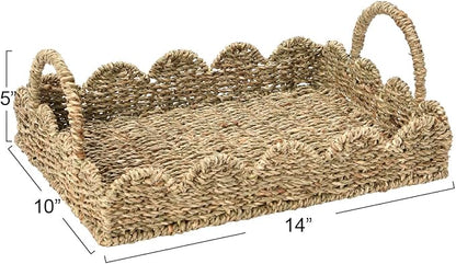 Household Essentials Seagrass Decorative Tray with Scalloped Edge, Handwoven Natural Wicker Organizer Basket with Handles & Iron Frame for Coffee Tables, Bathrooms & Countertops