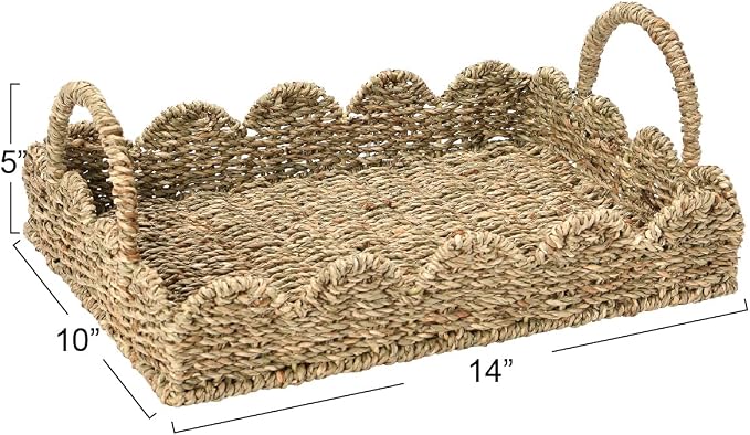 Household Essentials Seagrass Decorative Tray with Scalloped Edge, Handwoven Natural Wicker Organizer Basket with Handles & Iron Frame for Coffee Tables, Bathrooms & Countertops (Pack of 8)