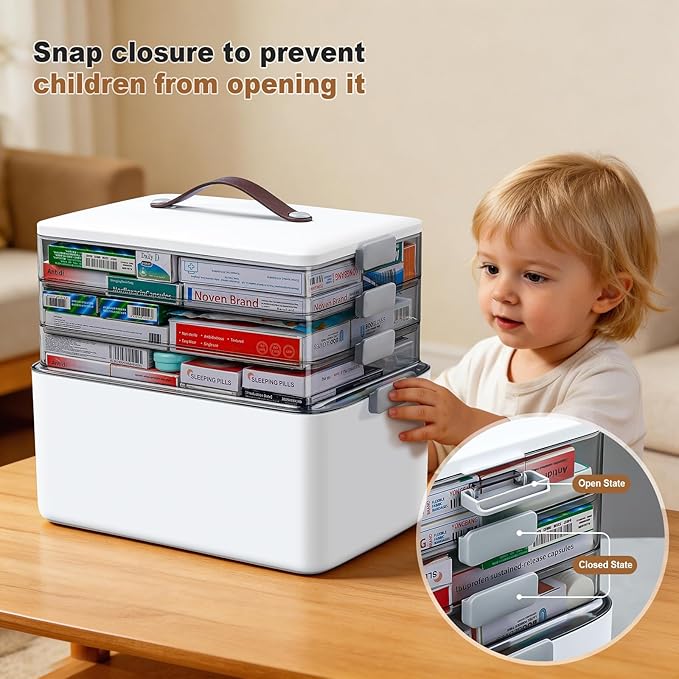 MOPUP 4-Tier Medicine Craft,Sewing,Art,Organizer Storage,Portable Latch Bin with Lid and Leather Handle,Pill Bottle, First Aid,Comes with a 7-Day Pill Organizer,A Household Essential