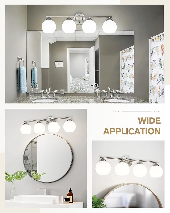 Emak Modern Brushed Nickel Vanity Light, 29 Inch Globe Bathroom Light Fixtures Over Mirror, 4 Light Bathroom Vanity Light with Milk Glass, VL114-BN-ML-4