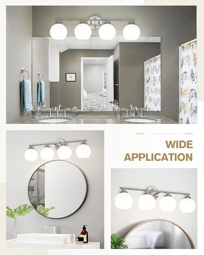 Emak Modern Brushed Nickel Vanity Light, 29 Inch Globe Bathroom Light Fixtures Over Mirror, 4 Light Bathroom Vanity Light with Milk Glass, VL114-BN-ML-4