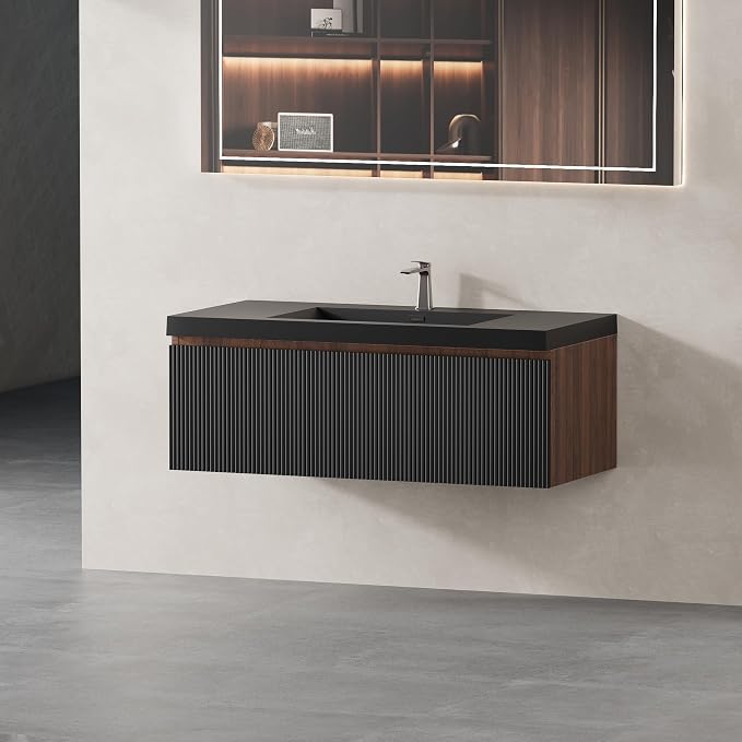42 Inch Floating Bathroom Vanity with Sink, Modern Black Wall Mounted Floating Vanity with Scratch-Resistant Quartz Sand Basin, Soft Closing Drawers, Fully Pre Assembled Bathroom Vanity