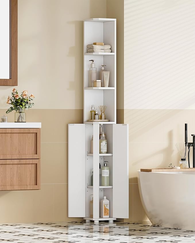 Corner Cabinet, Tall Bathroom Corner Cabinet with Doors, Narrow Storage Cabinets with Adjustable Shelves, Bathroom Organizers and Storage for Small Space, White BC30003X