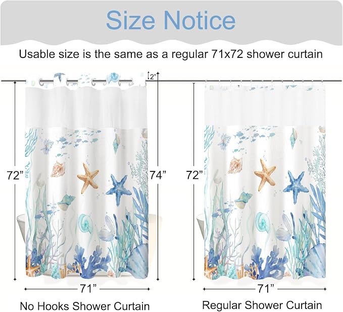 No Hook Shower Curtain and Liner Set, Watercolor Blue Beach Coastal 71x74 | Nautical Ocean for Bathroom, with Snap in Liner Replacement, Mesh Top Window, Waterproof, Machine Washable, Quick-Drying