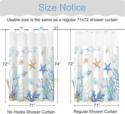 No Hook Shower Curtain and Liner Set, Watercolor Blue Beach Coastal 71x74 | Nautical Ocean for Bathroom, with Snap in Liner Replacement, Mesh Top Window, Waterproof, Machine Washable, Quick-Drying