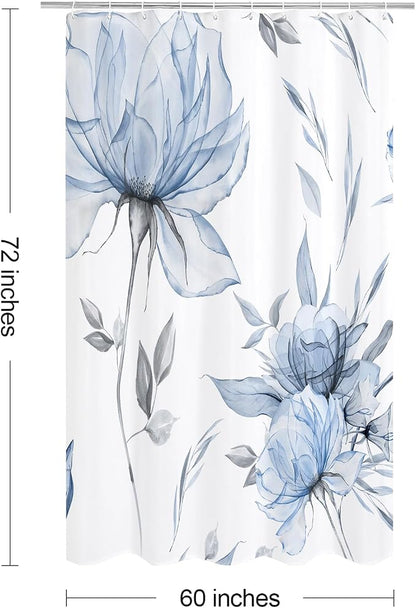 Litabel Blue and Grey Boho Watercolor Floral Shower Curtain, Ink Painting Style Blossom & Leaf Shower Curtains for Chic Elegant Bathroom, Artistic Fabric Cloth Flower Shower Curtain, 60 x 72