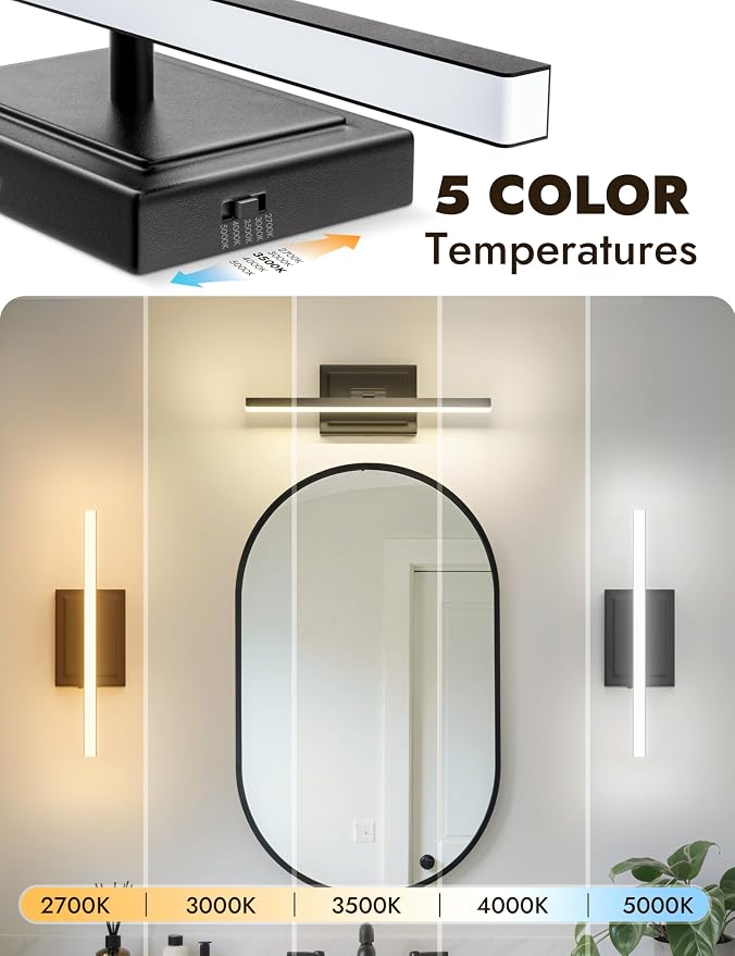 15.7 Inch Modern Bathroom Light Fixture, 12W 5CCT Dimmable LED Black Bathroom Vanity Lights Over Mirror, Vanity Lights for Bathrooms Restroom Mirror- ETL Certified
