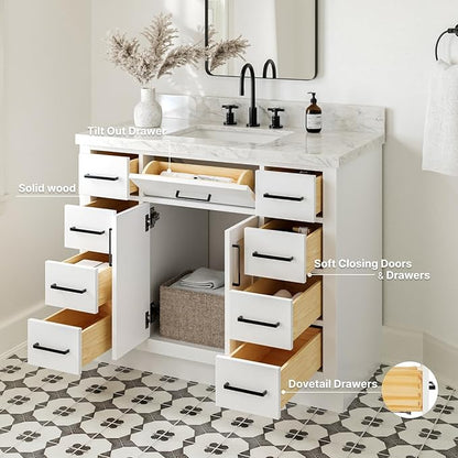ARIEL Hepburn 42-inch Bathroom Vanity Base Cabinet,Solid Wood, 2 Soft Closing Doors, 9 Dovetail Drawers, White