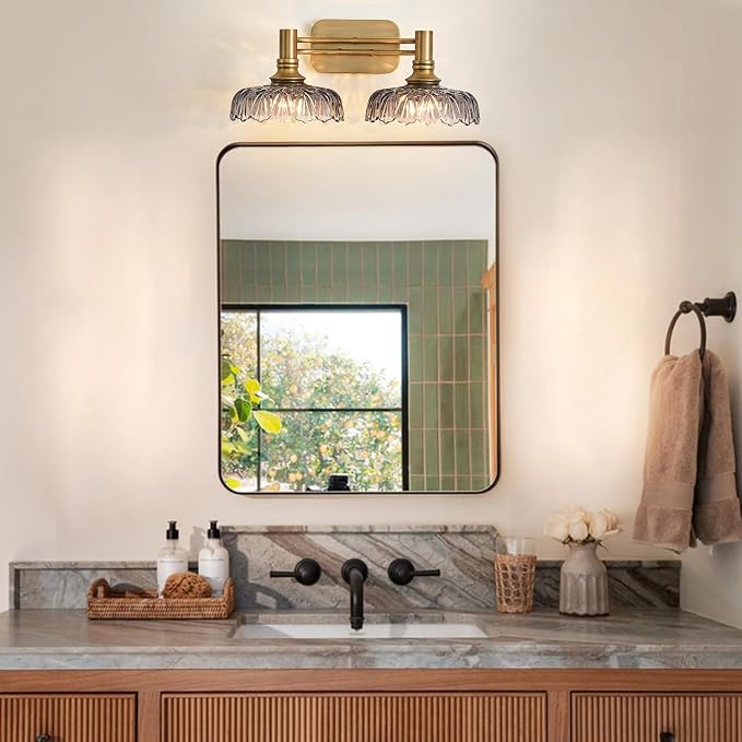 2 Light Bathroom Vanity Lights Grey Glass Lampshade Wall Sconces Vintage Vanity Lighting Fixtures for Kitchen Dining Room Bedroom Hallway