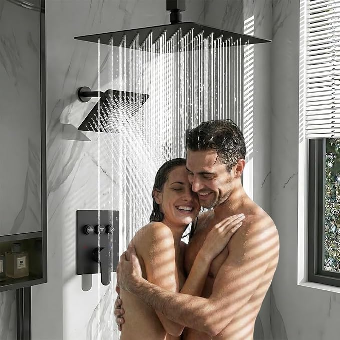 Shower Faucet Set, Wall Mount 12" Rain Shower System with Handheld and 6" Rainfall Shower Head, Can Use 2 Modes Together for Two People, 3 Way Shower Valve with 5 Diverter Complete, Matte Black