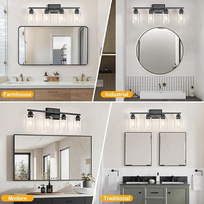 Unicozin Modern Black Bathroom Light Fixtures, 4-Light Vanity Lights Over Mirror with E26 LED Bulbs Included, Wall Sconce with Clear Glass Shades for Living Room Bedroom Hallway Kitchen
