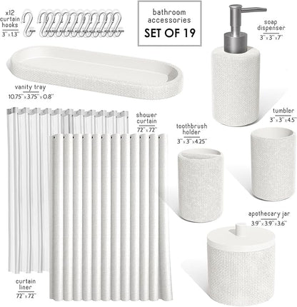 Clara Clark Bathroom Set - White Bathroom Accessories Set, 19PC Bathroom Accessory Set, Bathroom Sets with Shower Curtain Set, Soap Dispenser & Toothbrush Holder