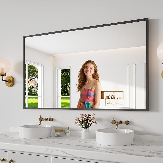 Bathroom Mirror 30"x50" Matte Black Rectangle Bathroom Wall Mirror for Over Sink, Modern Large Vanity Mirror, HD Tempered Glass, Anti-Rust Aluminum Alloy Frame, for Living Room, Bedroom, Entryway