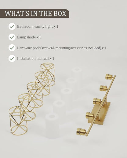 5-Light Brushed Gold Bathroom Light Fixtures Over Mirror, 38" UL-Listed Modern Wall Sconce Lights with Milk White Frosted Glass and Metal Cage for Bath, Hardwire E26, CH9176BGW-5W
