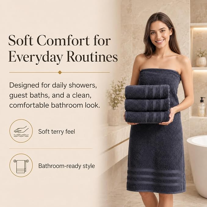 Velqora Bath Towels, 2 Pack, 30 x 60 in, 100% Cotton, Soft, Gray | Balanced Weight | Everyday Comfort | Easy Care